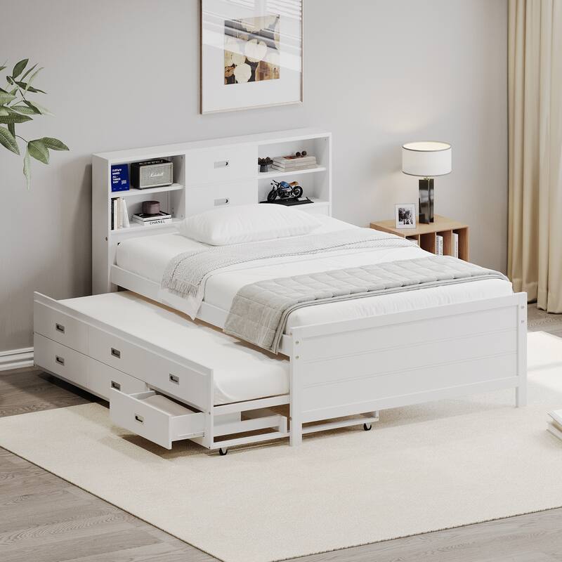 Full/Twin Size Captain Bed with Storage Bookcase Headboard,Captain bed with Trundle and Three Storage Drawer - White - Twin