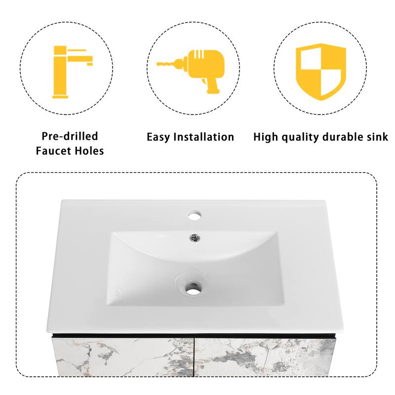30" Floating Wall-Mounted Bathroom Vanity with Soft-Close Door Hinges, Ceramic Sink & Ample Storage
