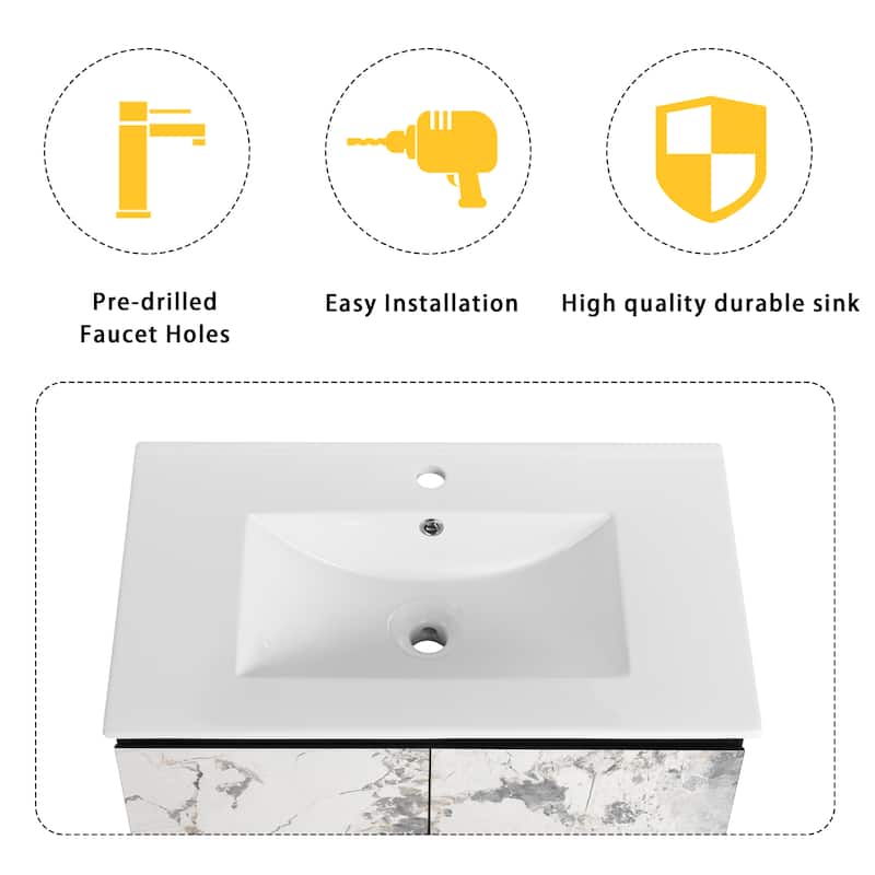Modern 30'' Wall-Mounted Vanity with Ceramic Sink & Triple Soft-Close Cabinet Doors