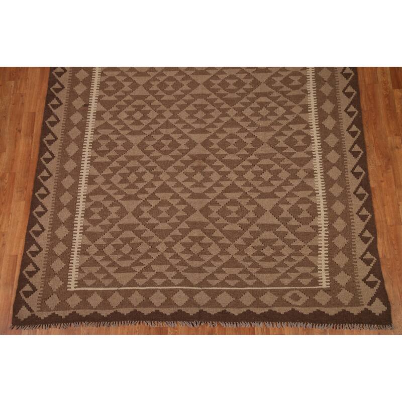 Brown Kilim Geometric Area Rug Flat-weave Wool Carpet - 6'11"x 10'0"