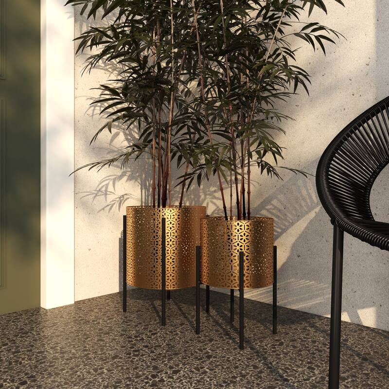 Gold or Black Iron Metal Contemporary Floral Pattern Planter (Set 2)