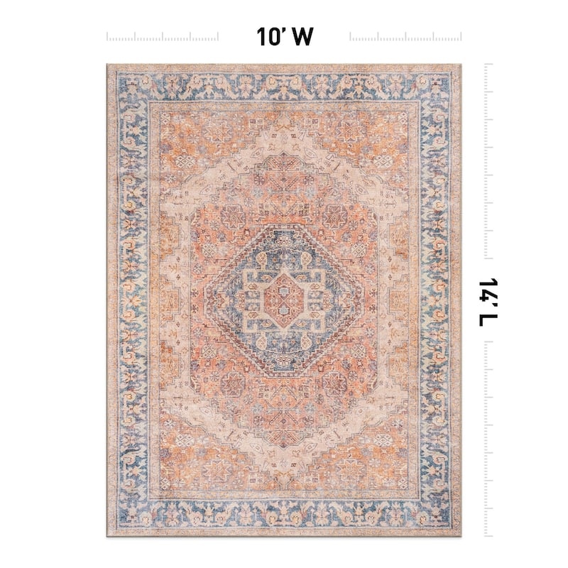 Beige Medallion Flat Pile Washable Rug - Pet Friendly, Non-Slip for Entryway and Bedroom