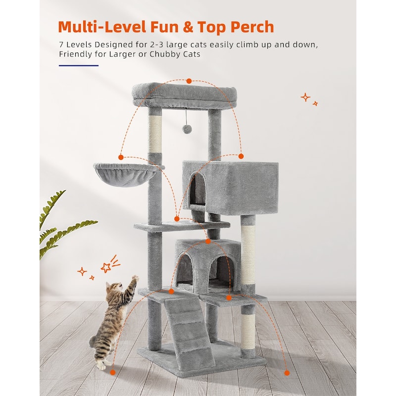 Cat Tree with Large Top Perch, Plush Hammock, 2 Condos, Dangling Pompom & Cat Scratching Posts