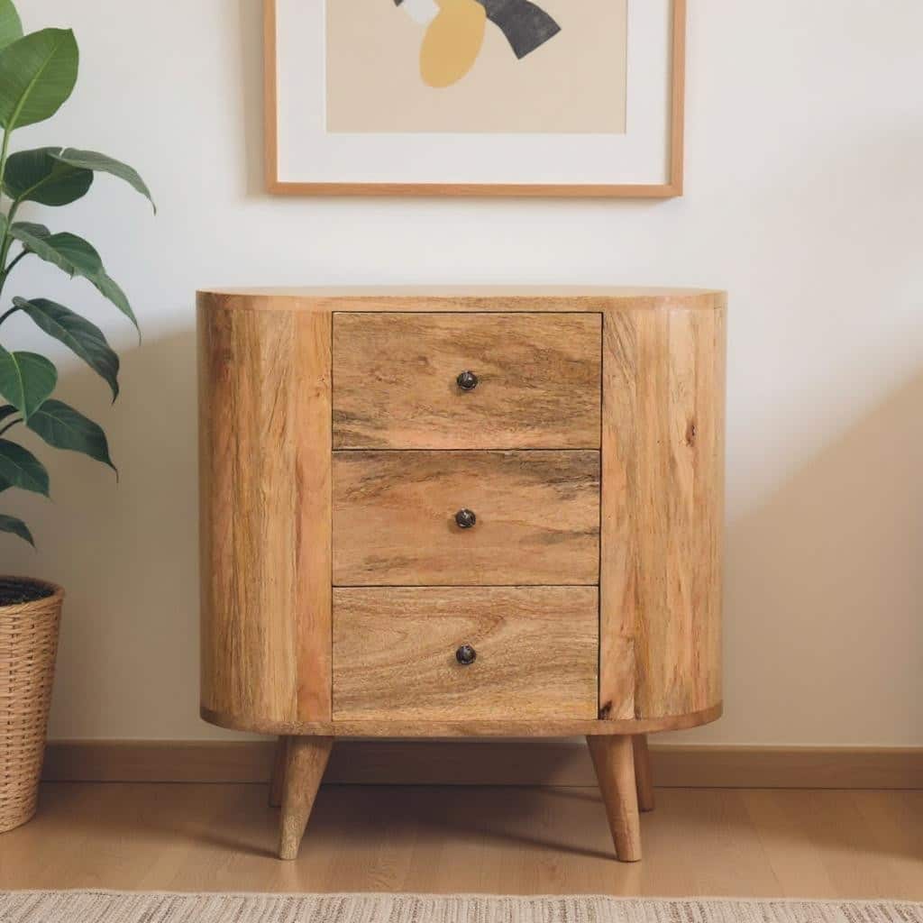 HomeRoots 26" Oak Solid Wood Oval Accent Cabinet With Three Drawers