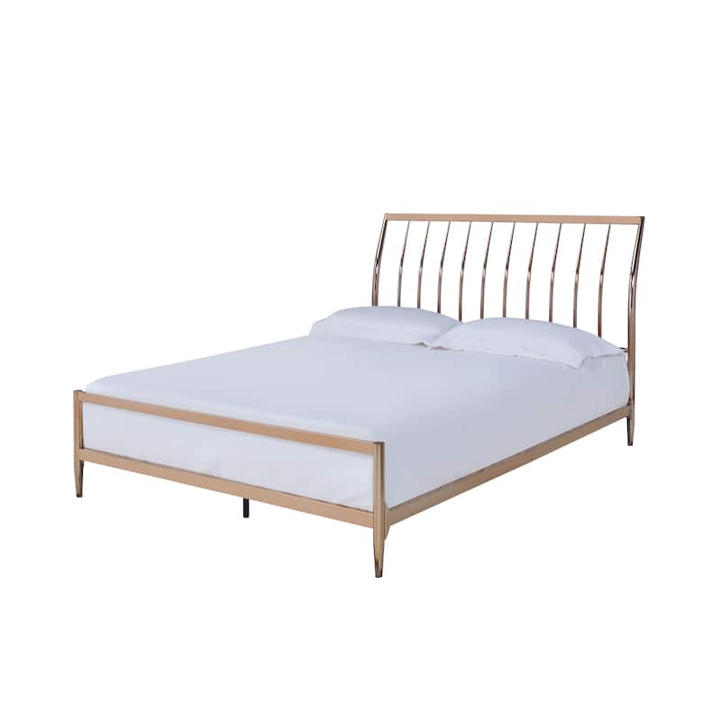 Queen Size Sleigh Bed in Industrial Style - Copper Metal, Slatted Headboard, Low Profile Footboard