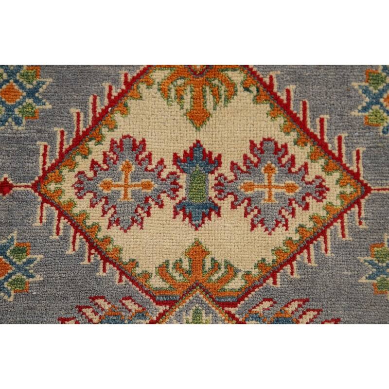 Gray Geometric Kazak Oriental Accent Rug Hand-Knotted Wool Carpet - 3'5" x 4'10"
