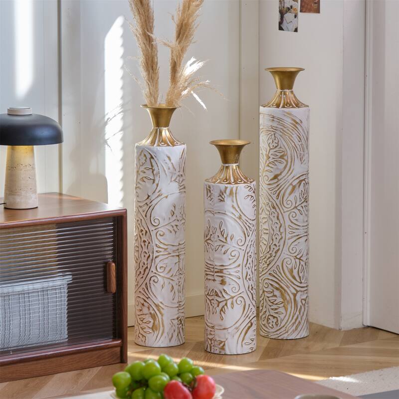 Decorated Floor Glazed Metal Vases (Set of 3)