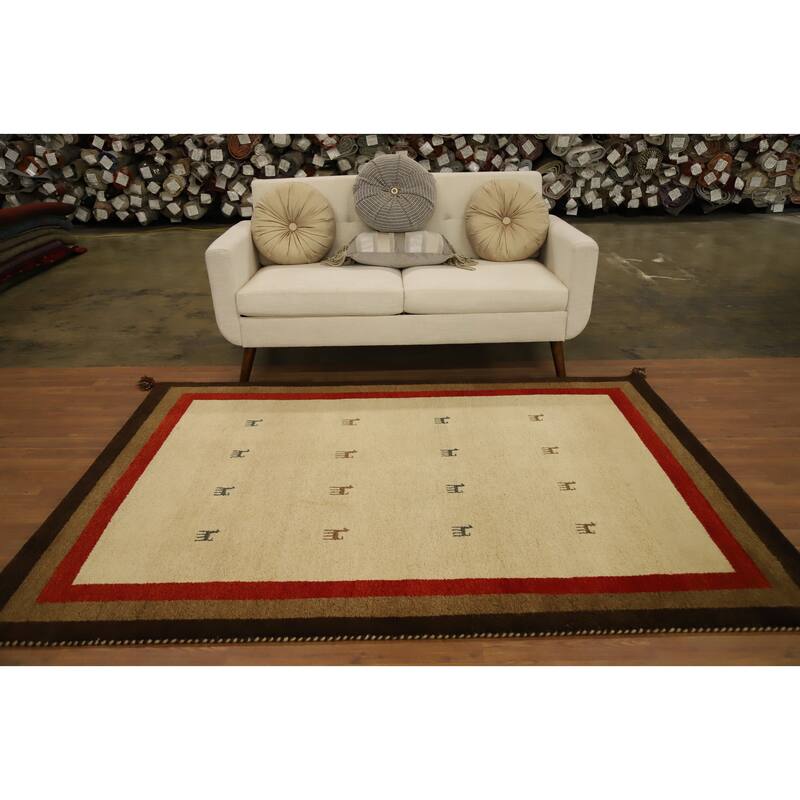 Hand Knotted Oriental 100% Wool Carpet Tribal Geometric Beige & Ivories Gabbeh Area Rug - 7' 3'' X 5' 3''