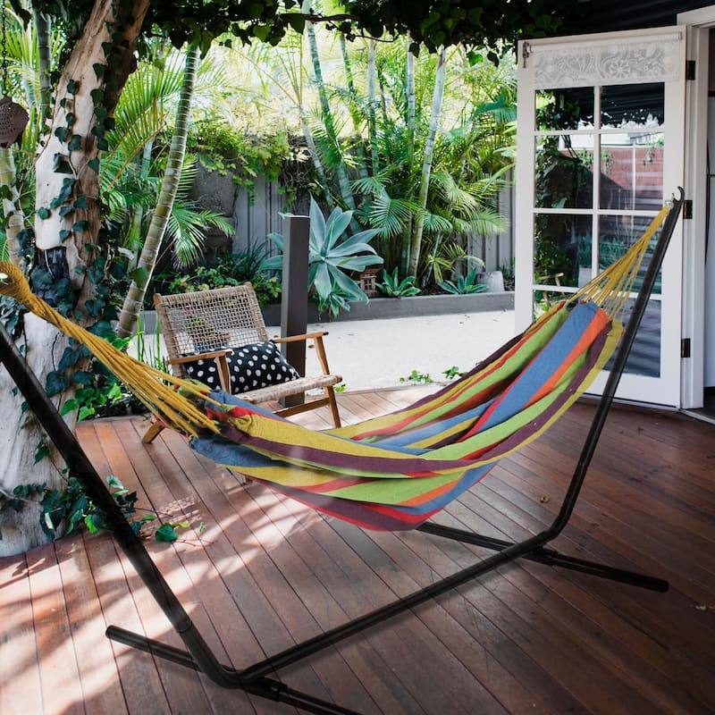72" Yellow and Blue Striped Woven Double Brazilian Hammock - 73"