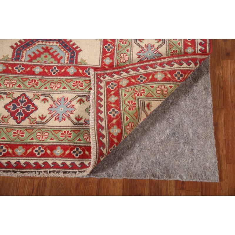 Beige Kazak Area Rug Hand-Knotted Geometric Wool Carpet - 6'6" x 9'2"