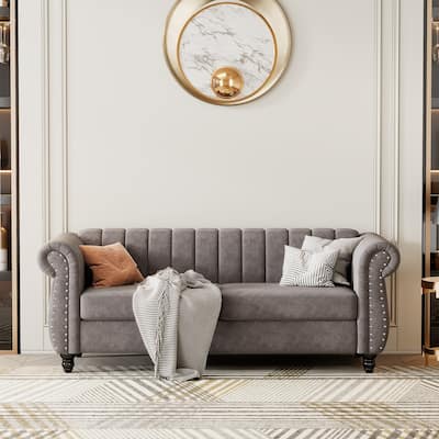 Vintage Upholstered Sofa Couches with Solid Wood Legs, Tufted Buttoned Backrest Loveseat for Living Room Bedroom, Gray