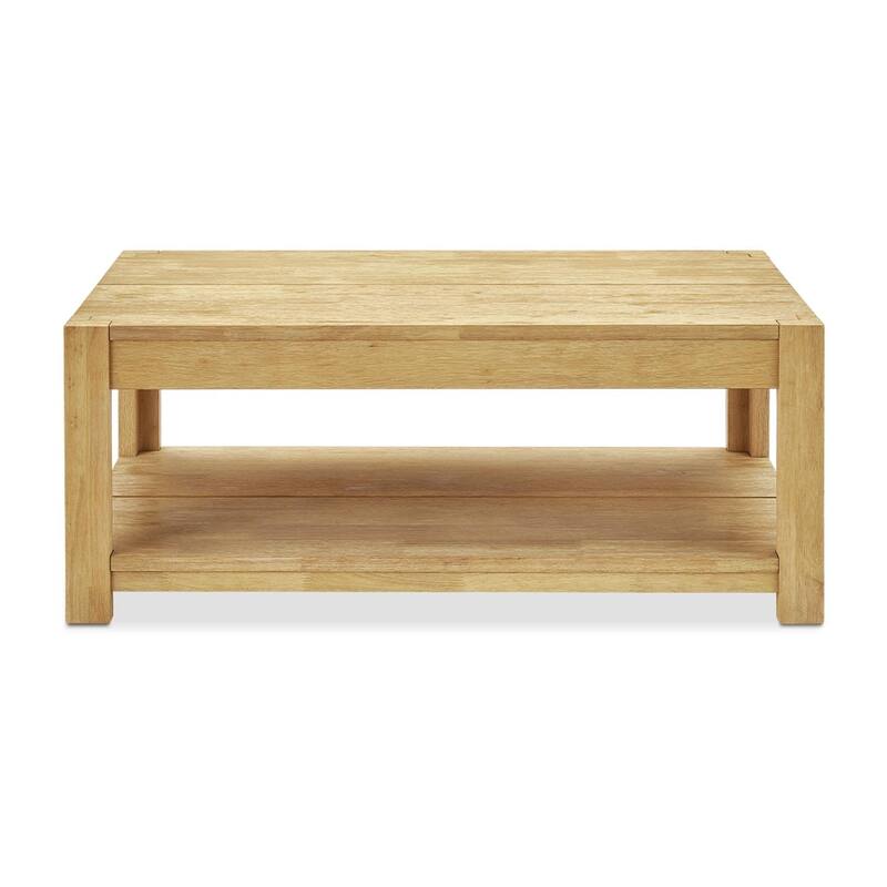 Mopio Logan Solid Wood 2-Tier Coffee Table, Modern Farmhouse Solid Rubberwood with light wire brush L Shaped Leg Joint