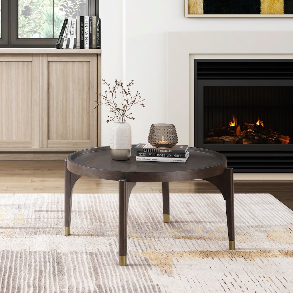 Dark Brown Round Coffee Table Solid Wood Legs Gold Tip Classic Luxury Cocktail Table for Living Room