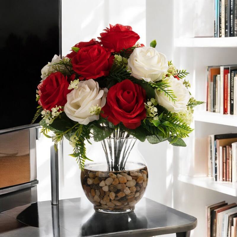 18 Heads Silk Rose Flower in Clear Glass Vase With Faux Water and River Stone for Home Decor, Wedding Table