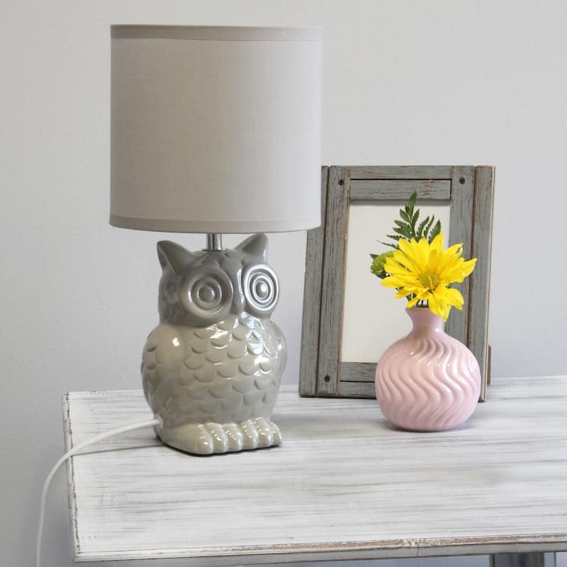 Tall Ceramic Owl Bedside Table Desk Lamp with Drum Shade - 12.75" - Gray
