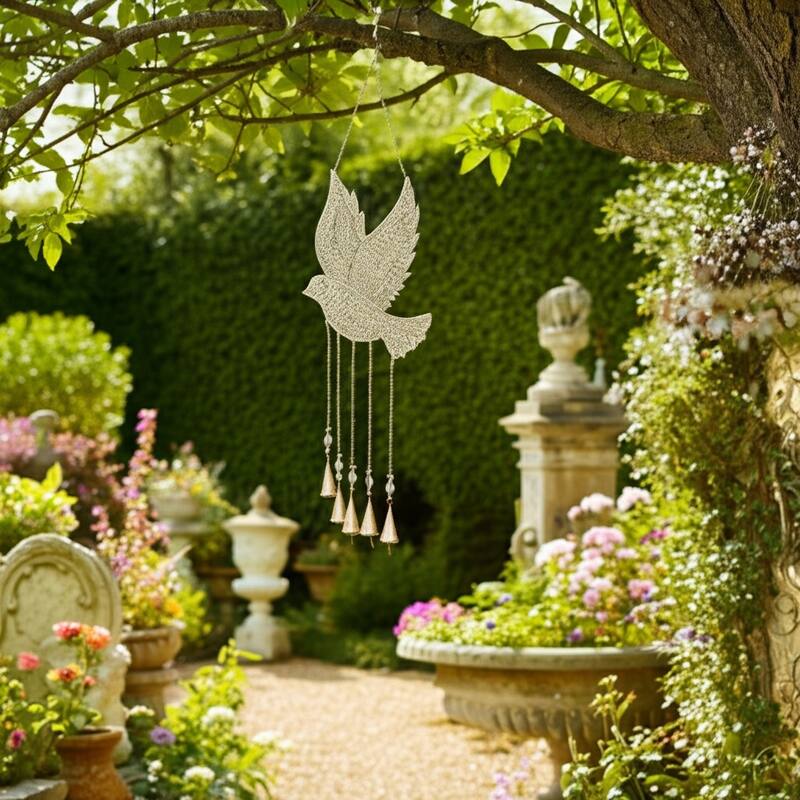 Metal Glass Wind Chime Mosaic Dove Metallic Finish - 36" Silver - 10" x 1" x 36"