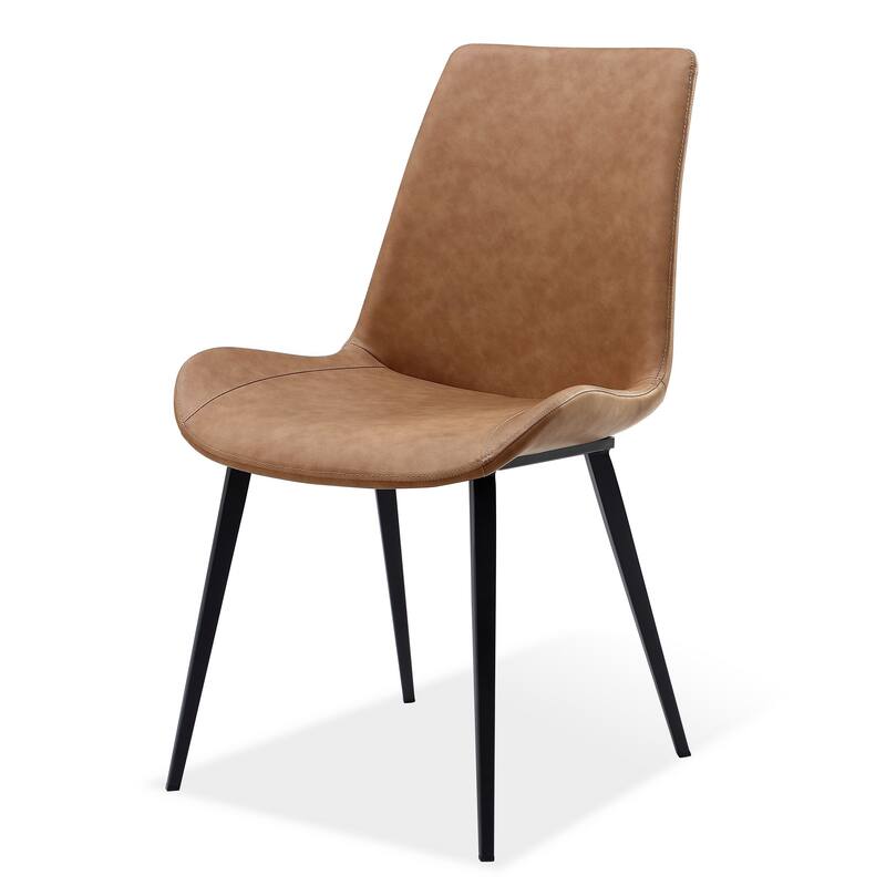 21 Inch Set of 2 Dining Chairs, Brown Faux Leather, Angled Black Steel Legs