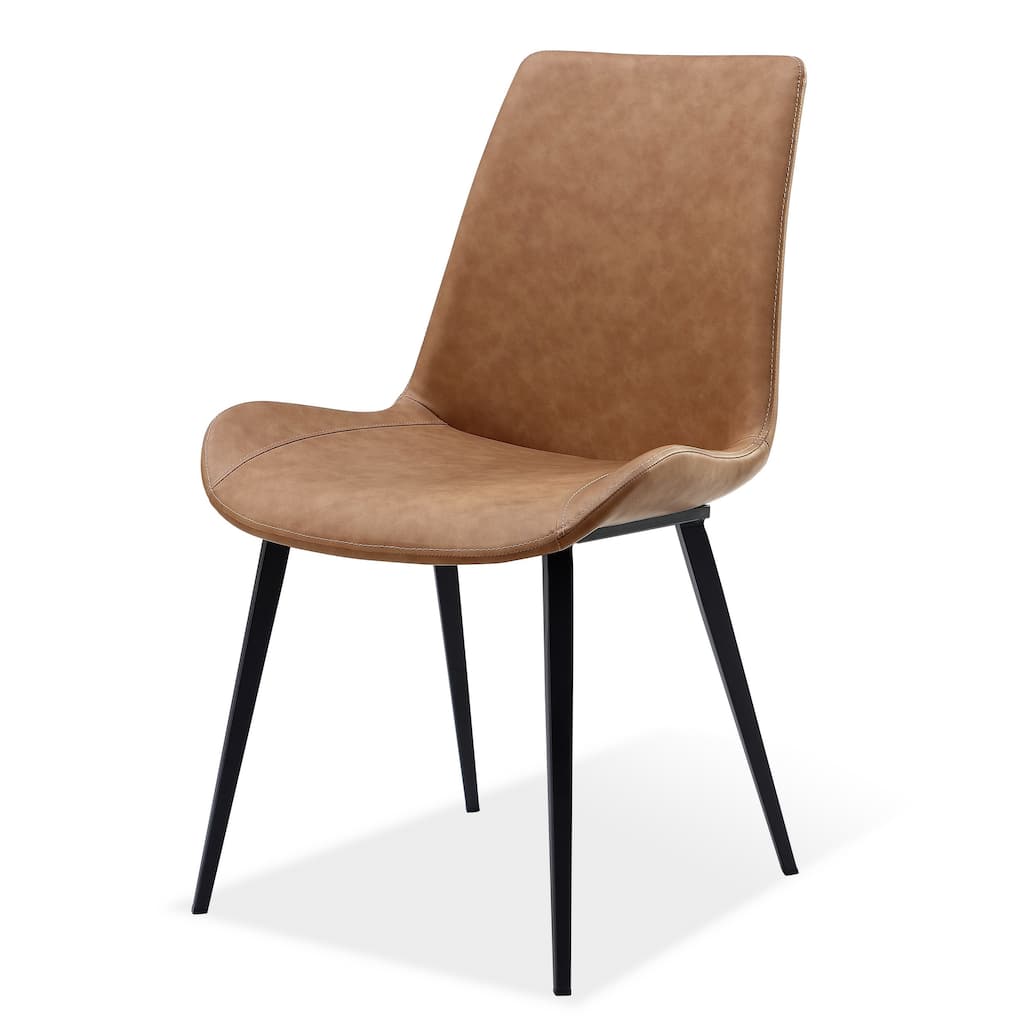 21 Inch Set of 2 Dining Chairs, Brown Faux Leather, Angled Black Steel Legs