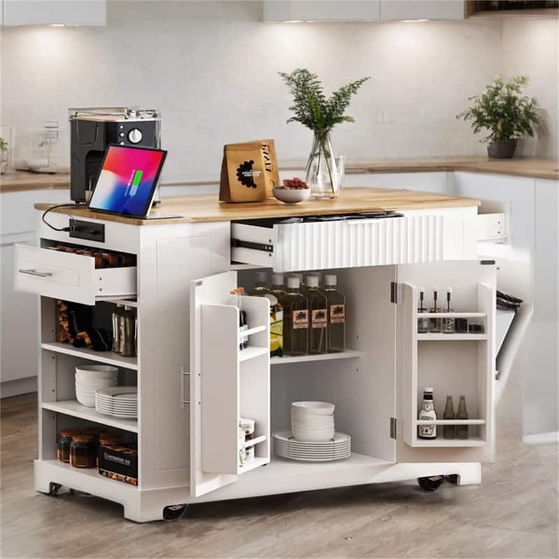 Rolling Kitchen Island w/ Power Outlet,Internal Rack,3 Open Side Racks - White
