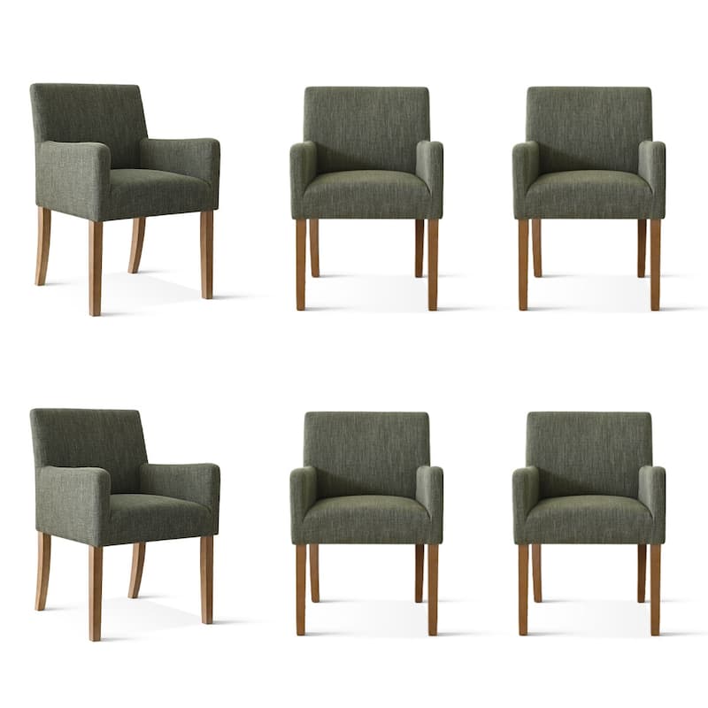 Linen Upholstered Armchairs with Wide Seat, High Back and Solid Wood Legs, Set of 6