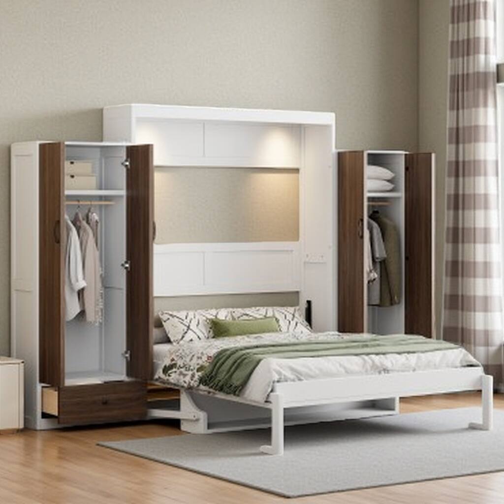 Queen Size Wall Bed with Built-in Closet, Drop-Down Table & Storage Drawers, Space-Saving Folding Design with LED Light