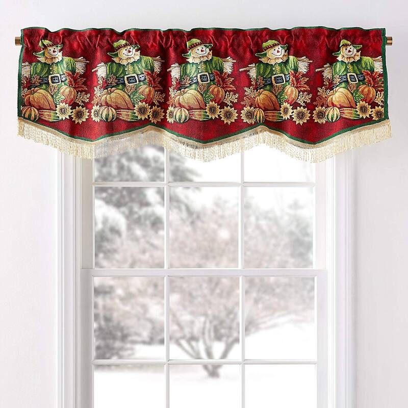 Violet Linen Fall Harvest Thanksgiving Autumn Leaves Pumpkins Tapestry, 60" x 15", Straight, Rod Pocket Curtain Valance