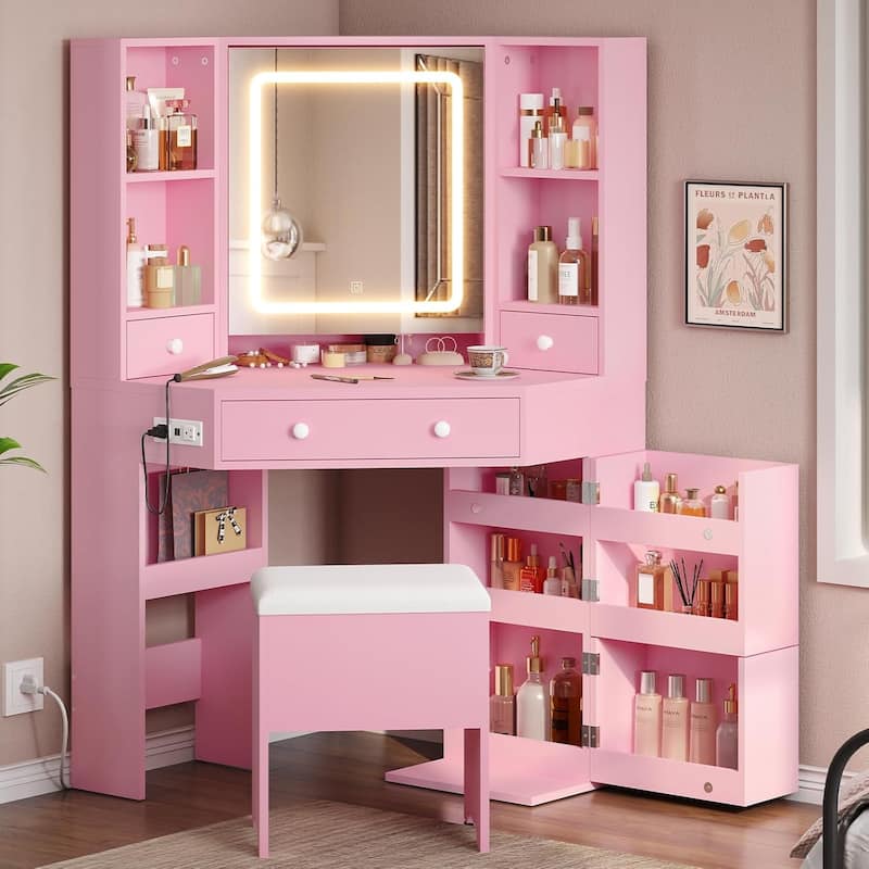 Corner Vanity Desk with Lighted Mirror Drawers Shelves Storage Stool