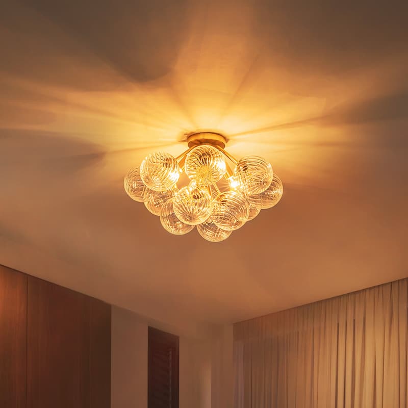 4-Light Modern Luxury Brushed Brass Iron & Textured Glass Globe Flush Mount Ceiling lighting for Living & Dining Areas