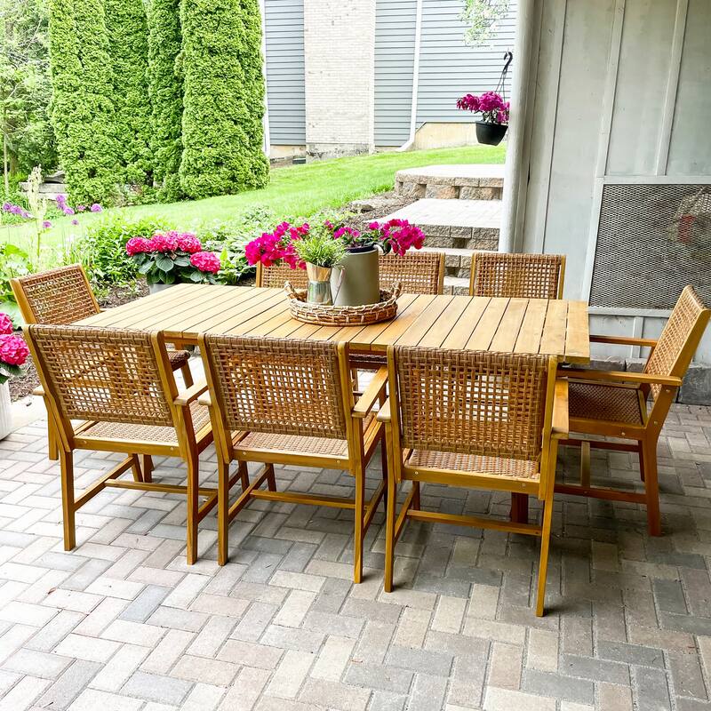 MAISON ARTS 5/7/9-Piece Acacia Wood Outdoor Dining Set, Teak Wooden Table & Dining Chairs with Wicker Seat and Back