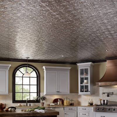 FASÄDE Traditional Style 2 Decorative Vinyl 2ft x 4ft Glue Up Ceiling Panel in Crosshatch Silver (5 Pack)