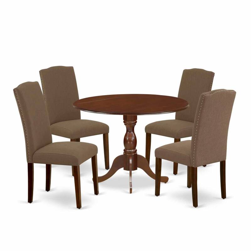 5-Piece Mahogany Finish Solid Wood Top Dining Table with 4 Upholstered Chairs with Drop Leaf