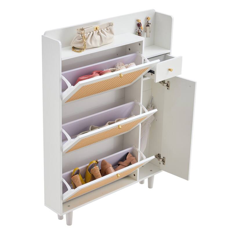 Minimalist MDF Shoe Cabinet with Japanese Rattan Design for Hallways or Living Room Storage Solutions