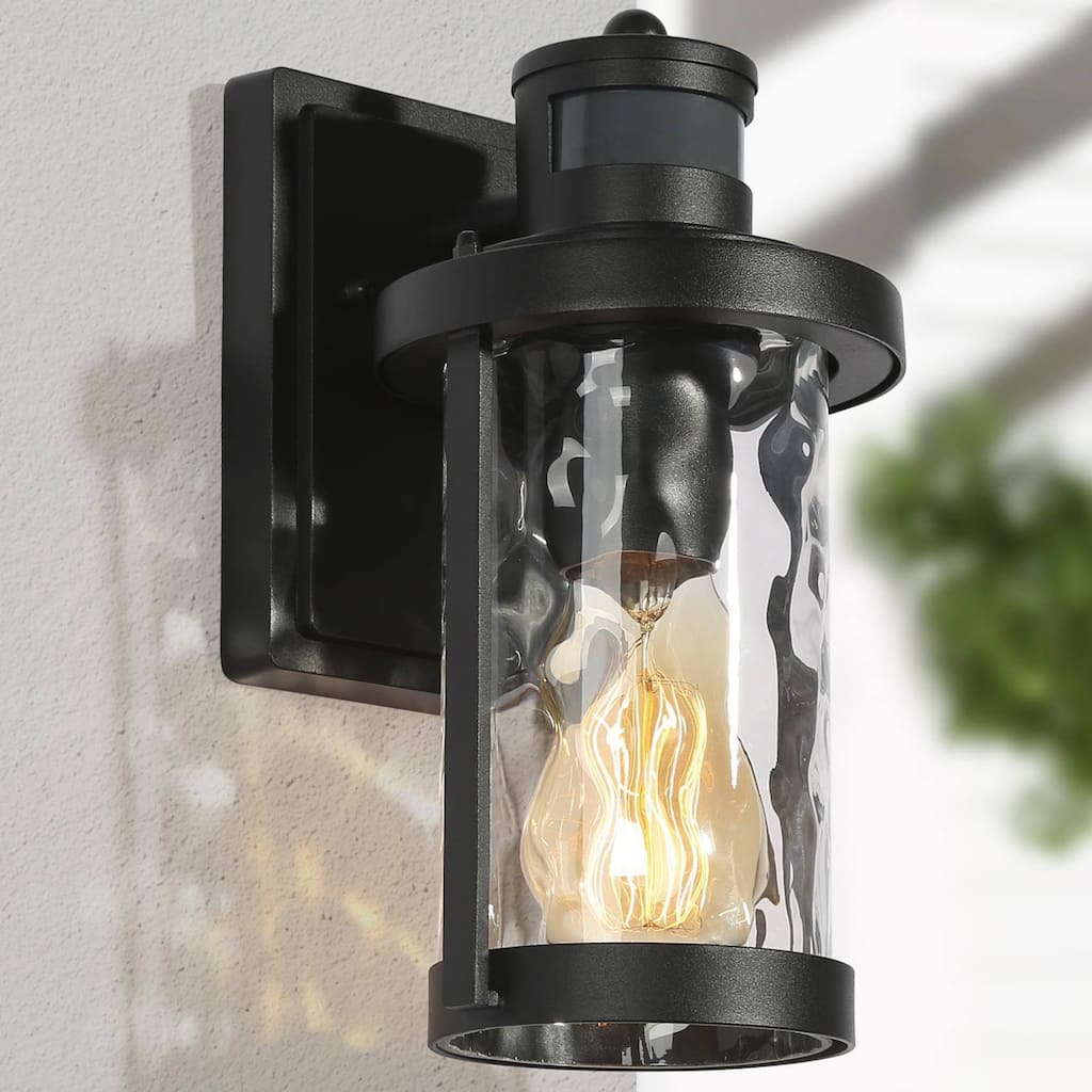 Modern 1-Light Black Motion Sensor Outdoor Barn Light Armed Wall Sconce with Clear Waterfall Glass - 6.7" D x 10.5"H