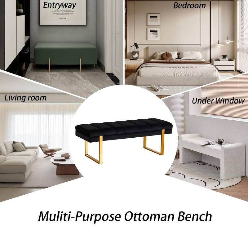 Upholstered Bedroom Bench Tufted Entryway Bench Modern End of Bed Bench Dining Bench with Gold/Black Metal Legs for Window