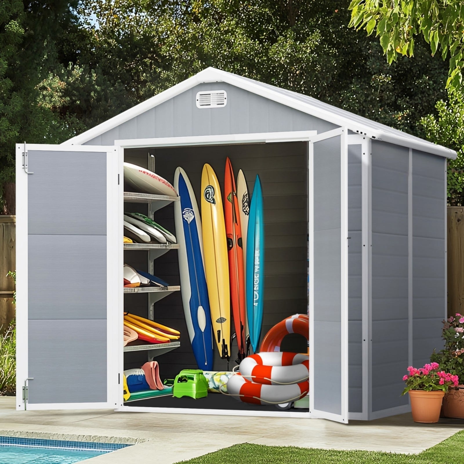 7.5x6.5FT Outdoor Resin Storage Shed, All-weather Plastic Shed w/Lockable