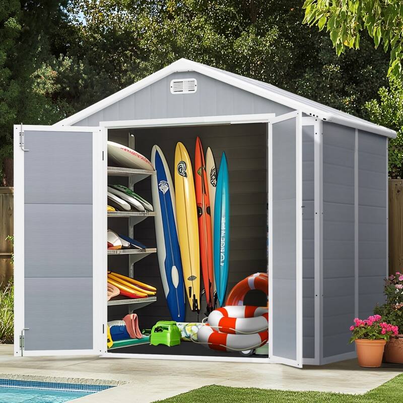 7.5x6.5FT Outdoor Resin Storage Shed, All-weather Plastic Shed w/Lockable - grey