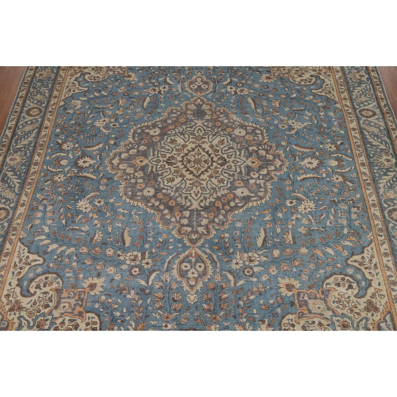 Floral Tabriz Persian Rug Handmade Blue Traditional Wool Carpet - 9'9"x 12'9"