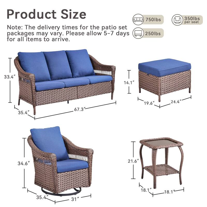 Pocassy 9 Pieces Patio Sofa Swivel Chair Table with Ottomans