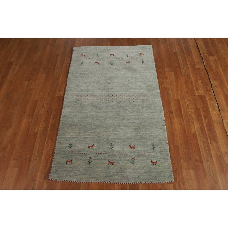 Hand Knotted Oriental 100% Wool Carpet Tribal Animal Pictorial Green Gabbeh Area Rug - 4' 11'' X 3' 0''