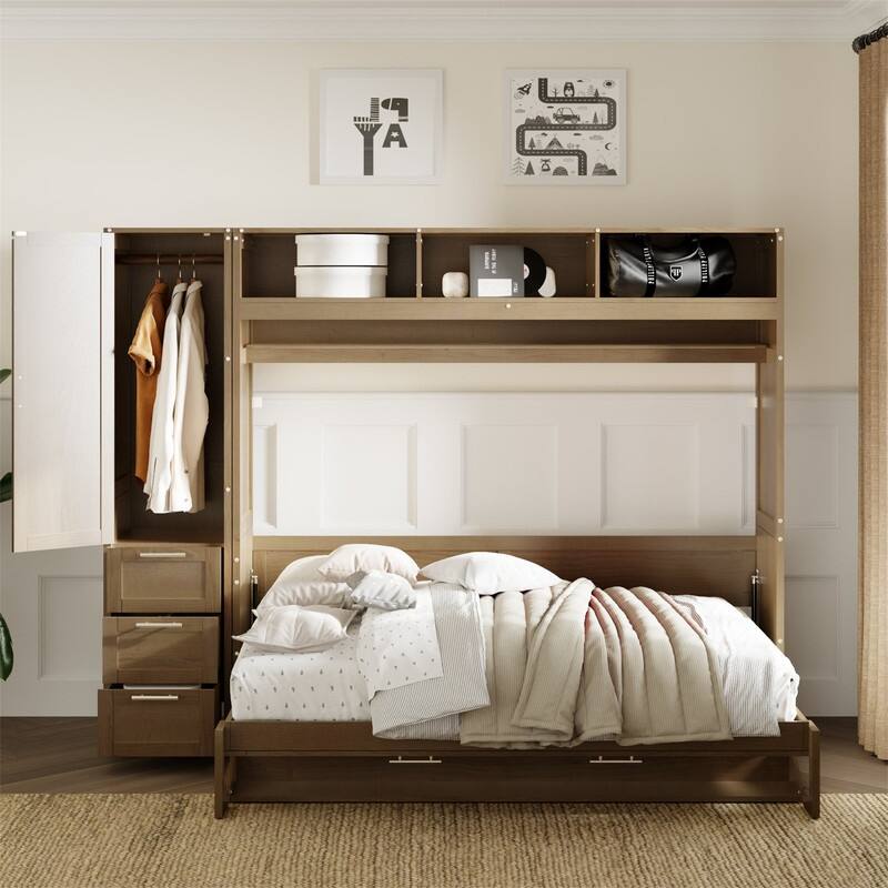 Full Size Murphy Bed Wall Bed with Bulit-in Wardrobe and 3 Storage Drawers, Folding Murphy Cabinet Bed with Open Shelves