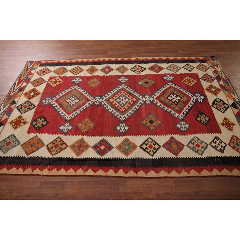 Kilim Qashqai Persian Vintage Rug Hand-Woven Red Wool Carpet - 5'4"x 8'3"