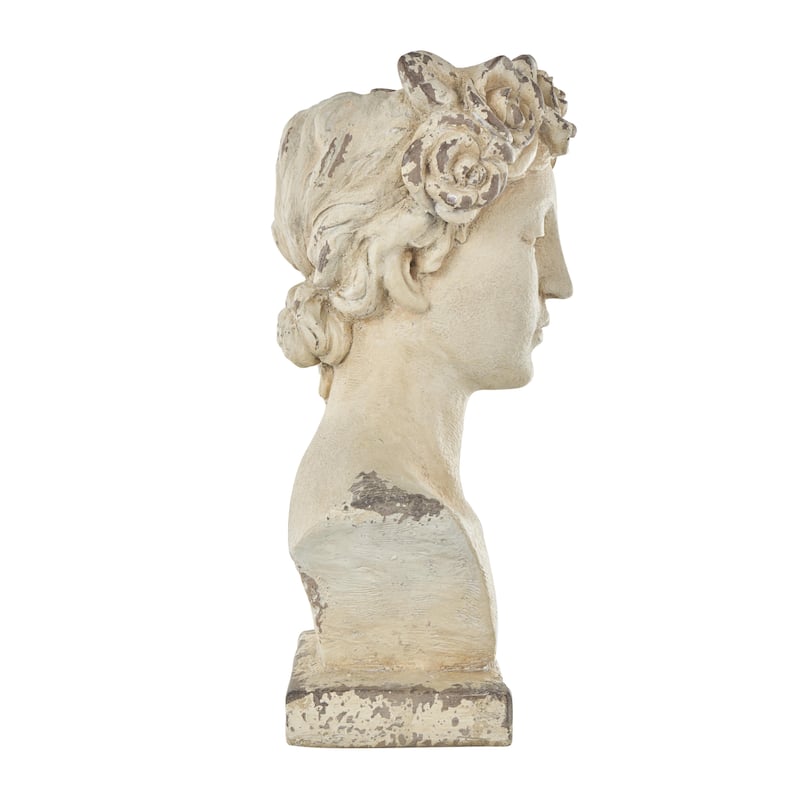 Magnesium Oxide Woman Distressed Antique Greek Bust Indoor Outdoor Planter with Floral Accents - Cream - Roche River Decor