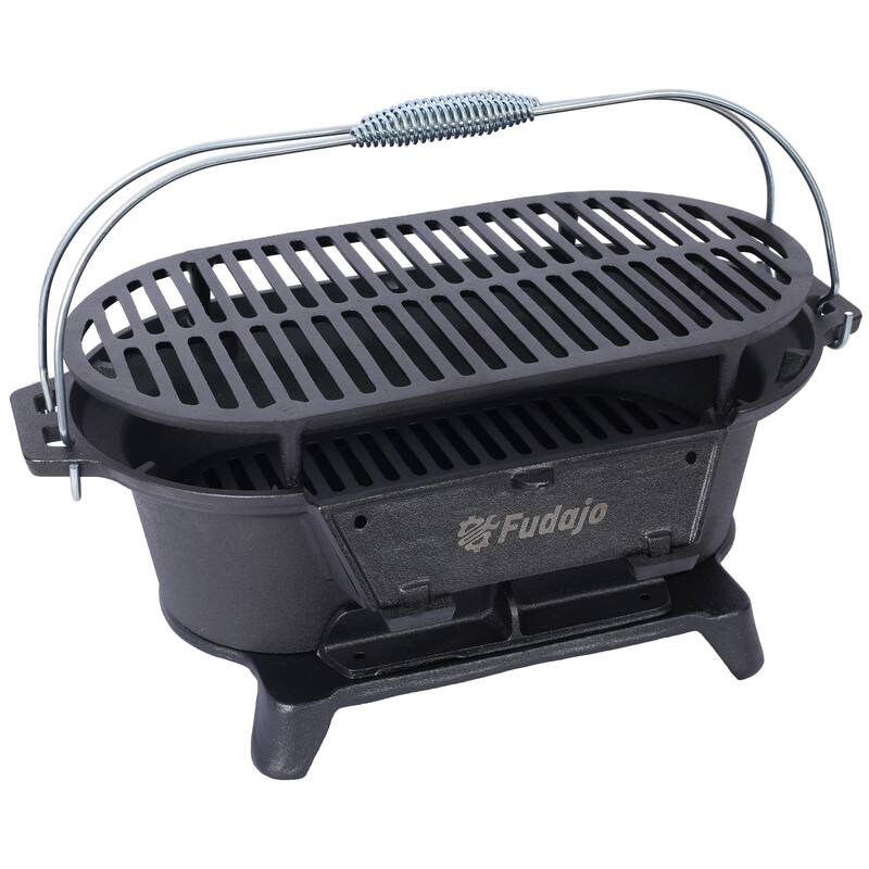 Anmytek Oval Cast Iron Hibachi Grill Portable Charcoal BBQ for Camping and Outdoor Cooking