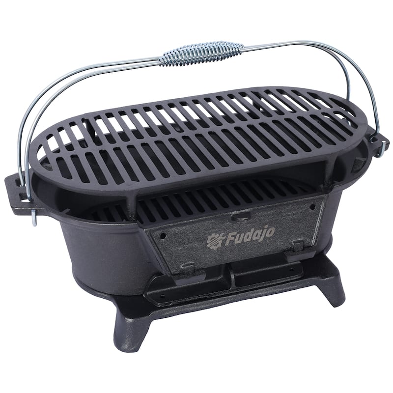 Oval Cast Iron Grill Outdoor, Portable Charcoal Grill and Tabletop Cast Iron Skillet - 100% Cast Iron, Enameled, Durable