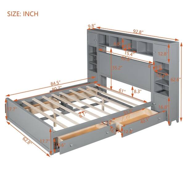 dimension image slide 1 of 3, Queen Wooden Bed with Storage and Outlets - Elegant Grey Design