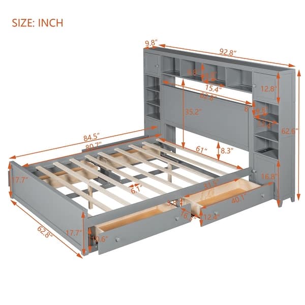 dimension image slide 0 of 3, Versatility Queen Size Wooden Platform Bed Frame with All-in-One Cabinet, Built-in Power Outlet, Shelf and 4 Drawers