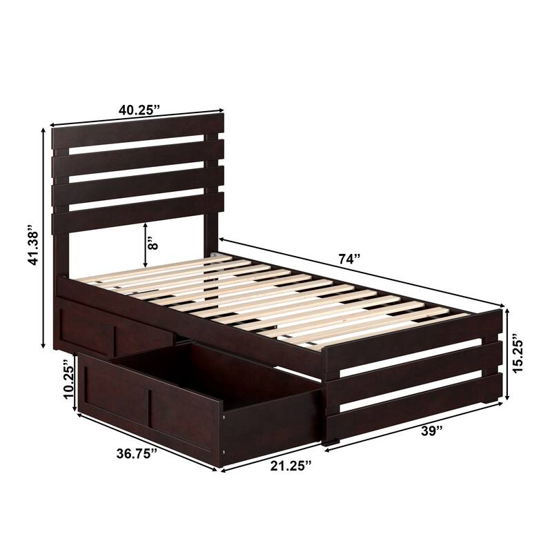 Oxford Twin Platform Bed with Matching Footboard & 2 Storage Drawers in Espresso