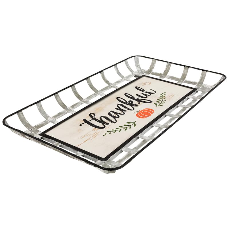 24" Silver White a Pumpkin "Thankful" Fall Serving Tray Sign