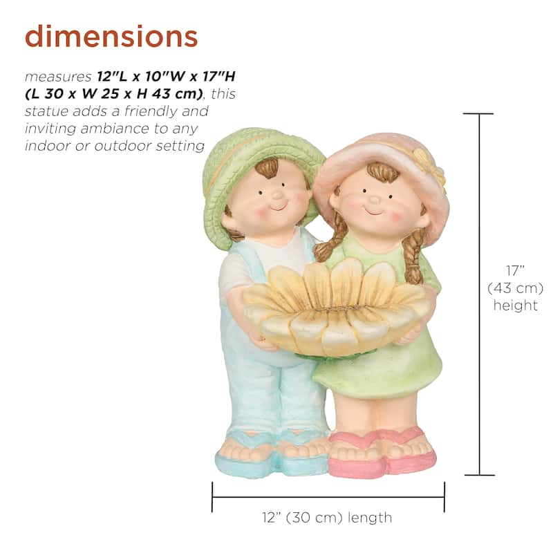 Boy and Girl Statue Holding Sunflower Birdbath