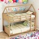 preview thumbnail 1 of 40, Twin over Twin Wooden House-shaped Floor Bunk Bed with Ladder White Oak